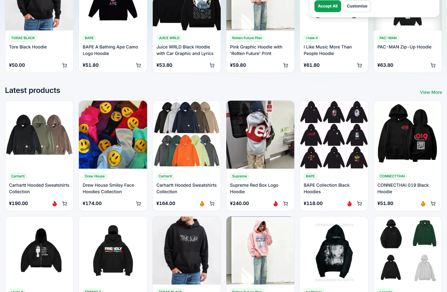 Catalogue product cards with photographs and listing links