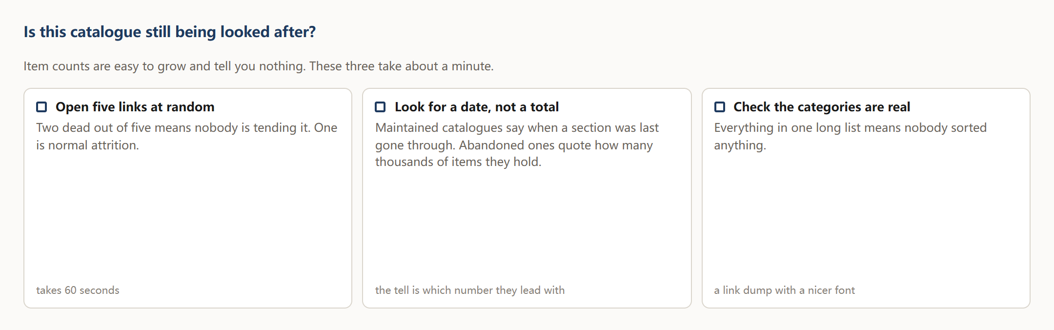Three checks for whether a catalogue is maintained