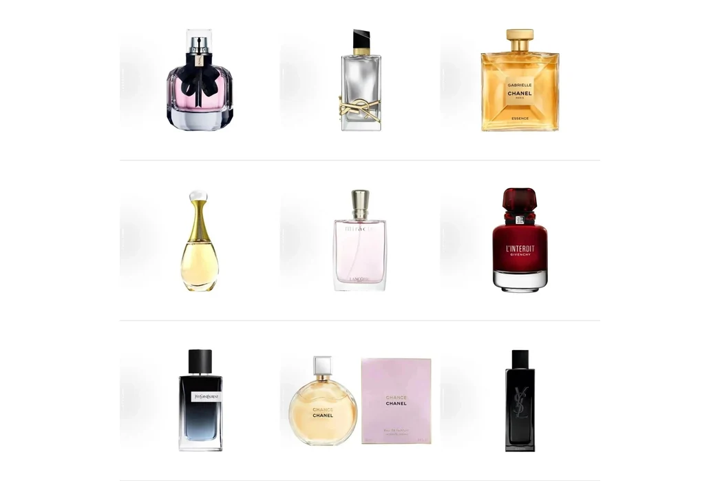 Nine perfume bottles photographed on a white background